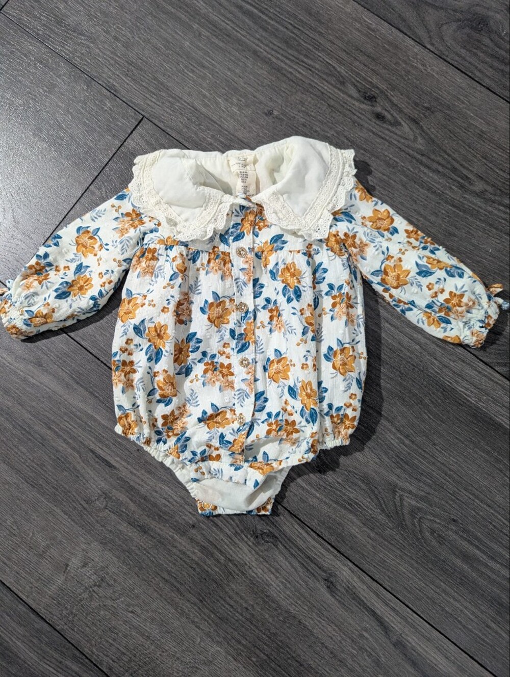 Floral Lace-Collar Baby One-Piece Romper in White with Mustard & Blue